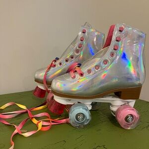 Holographic Roller Skates with Pink and Blue Wheels